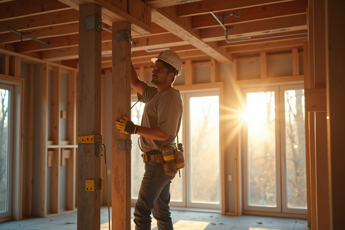 Travailleur renforçant une maison avec supports en acier