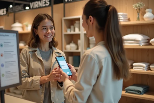 Femme au comptoir de retrait Alinéa montrant un SMS de confirmation de commande sur son smartphone