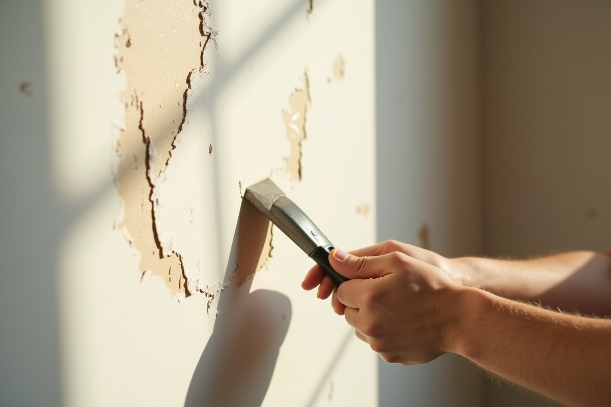 Personne utilisant un grattoir pour enlever la peinture vinyle sur un mur intérieur
