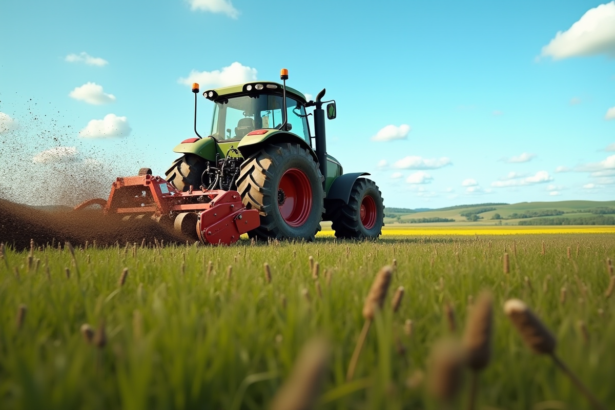 Machine rotovator retournant un champ herbeux en plein air