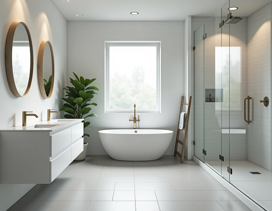 Salle de bains rénovée avec double vasque et douche à l'italienne dans un style contemporain
