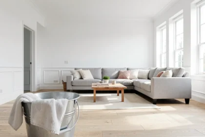 Salon aux murs blancs propres avec un seau et une microfibre