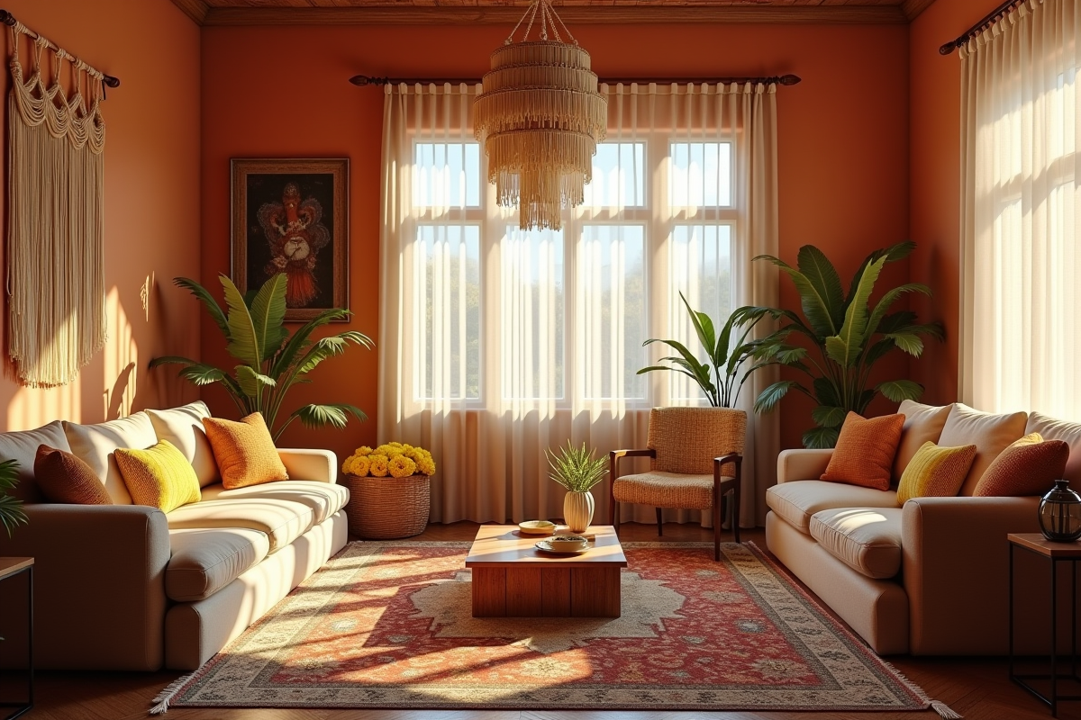 Salon cosy avec murs terracotta et décoration vintage