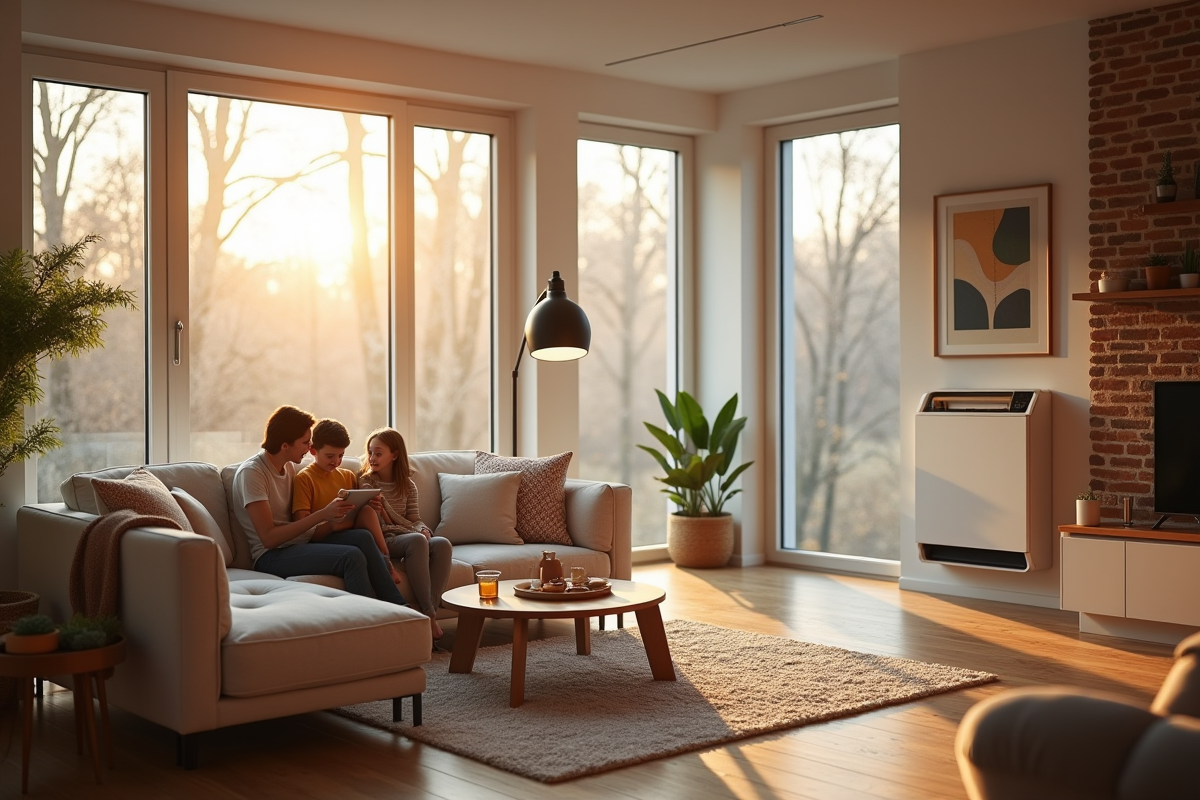 Salon moderne avec pompe à chaleur écologique et grande fenetre