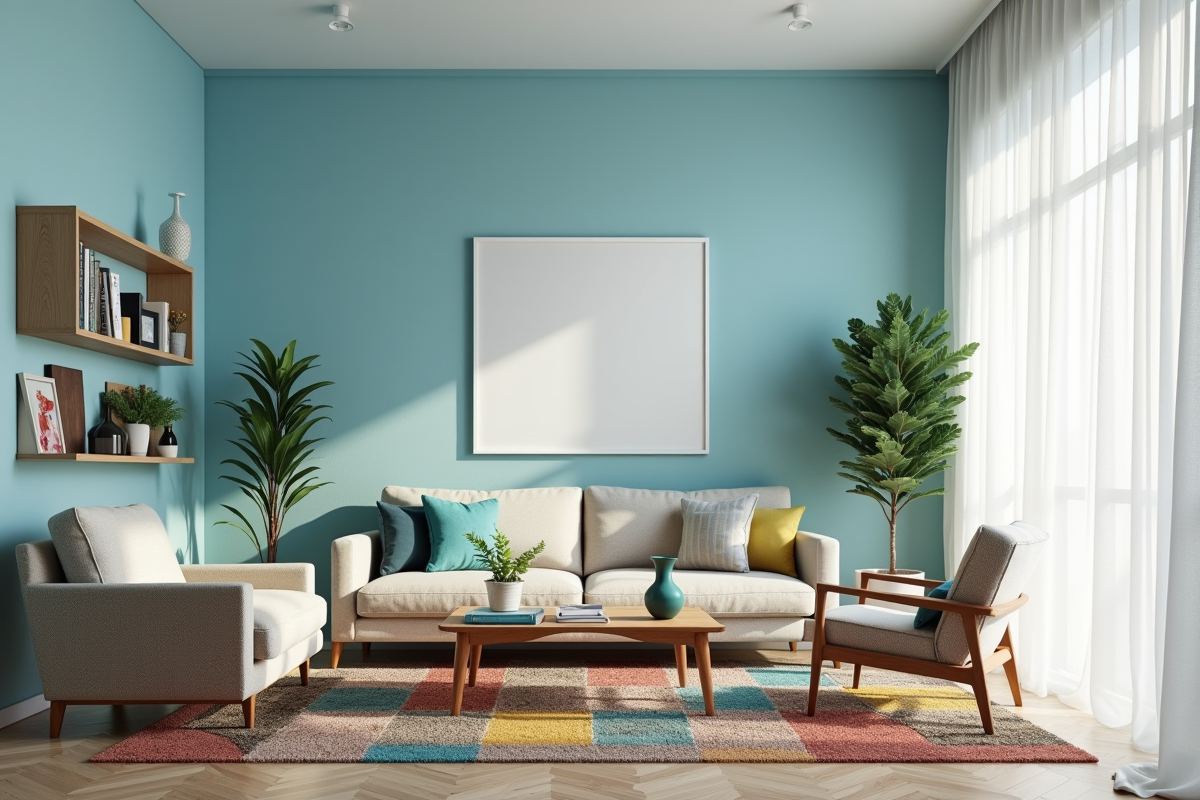 Salon contemporain avec murs pastel et décoration colorée