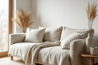 Salon minimaliste avec canapé en lin beige, plaid en laine chunky et décoration douce en céramique blanche dans une maison lumineuse