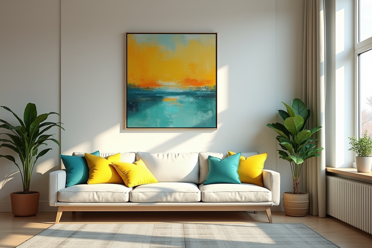 Salon moderne avec coussins jaunes et teal et peinture abstraite