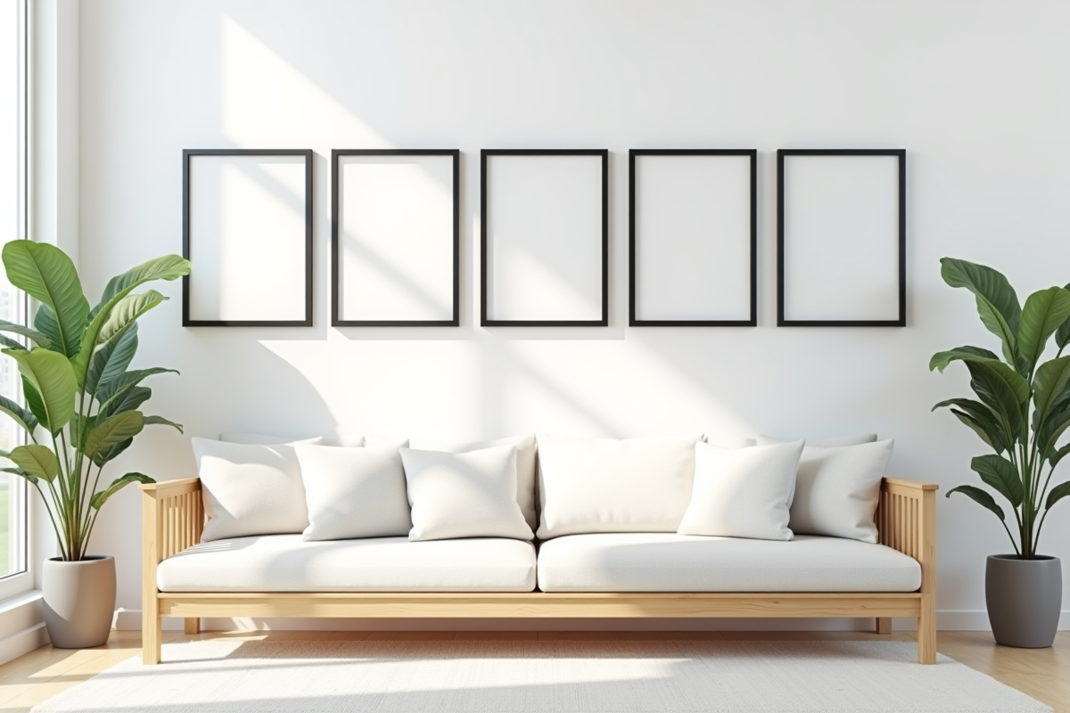 Salon moderne avec cadres noirs au mur blanc lumineux