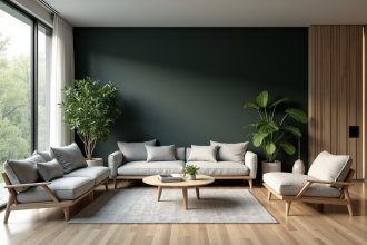 Salon moderne avec mur charbon et mobilier scandinave