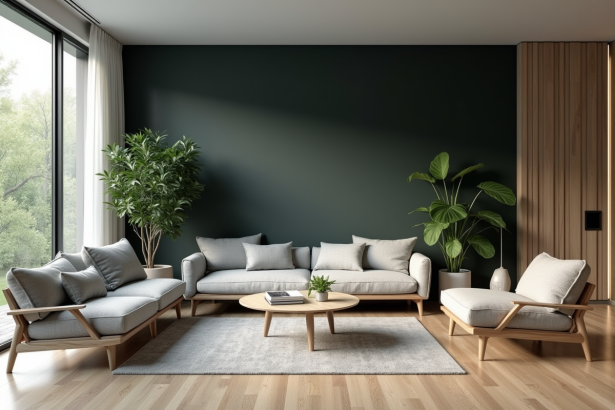 Salon moderne avec mur charbon et mobilier scandinave