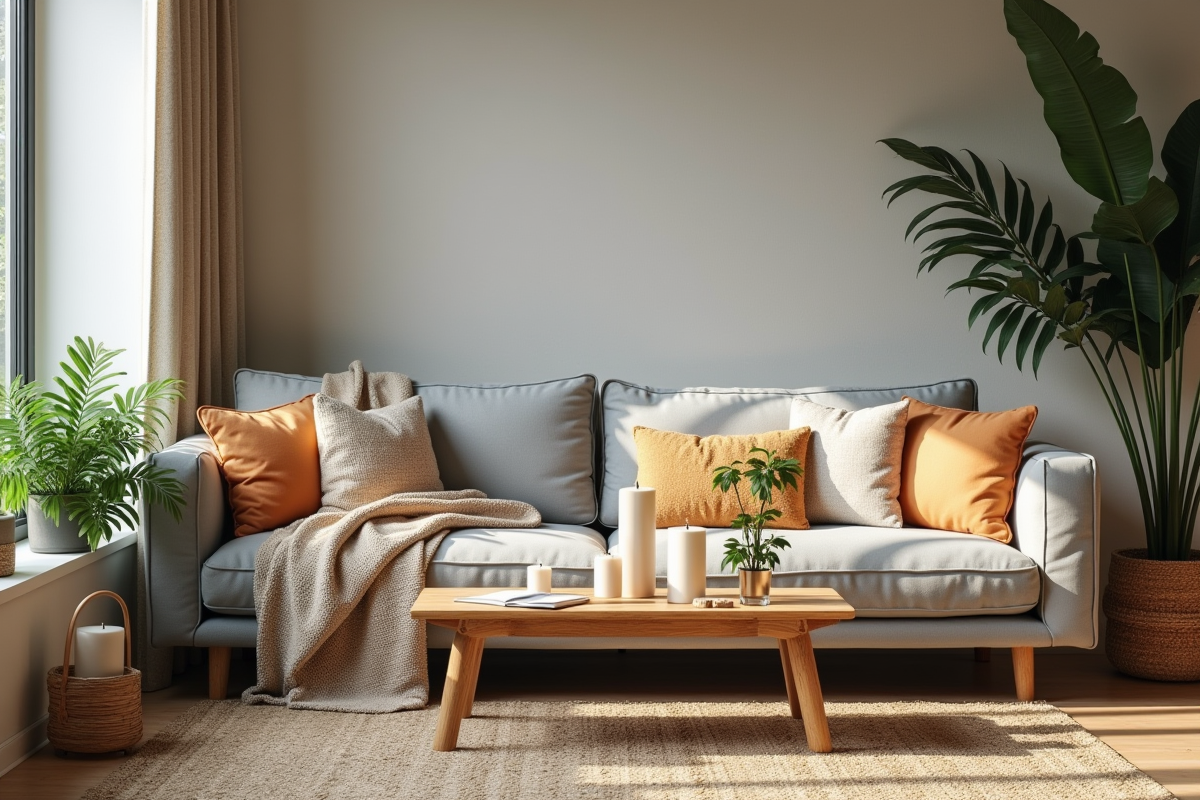 Salon moderne avec canapé gris et plantes vertes