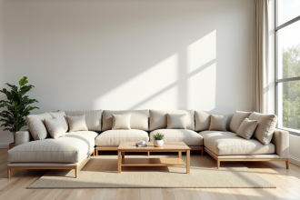 Salon moderne avec canapé en tissu et grande luminosite