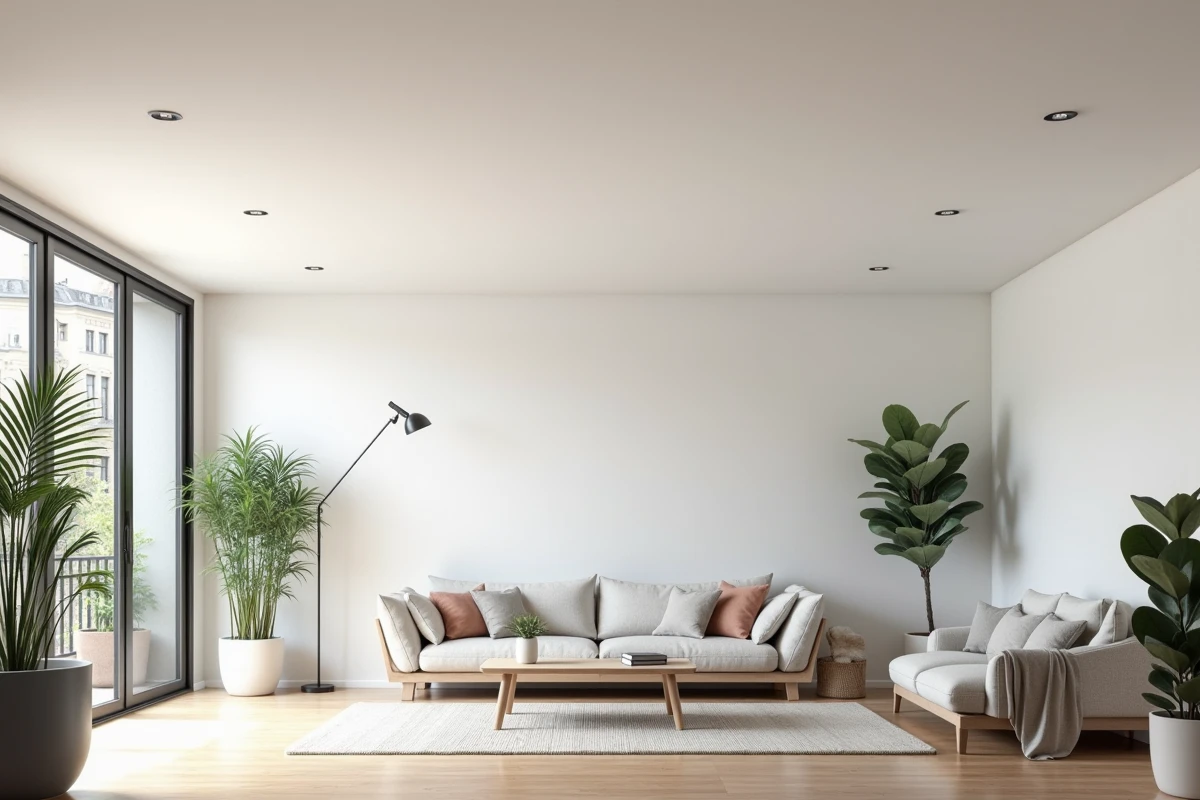 Salon rénové avec plafond tendu blanc mat posé après travaux de rénovation énergétique