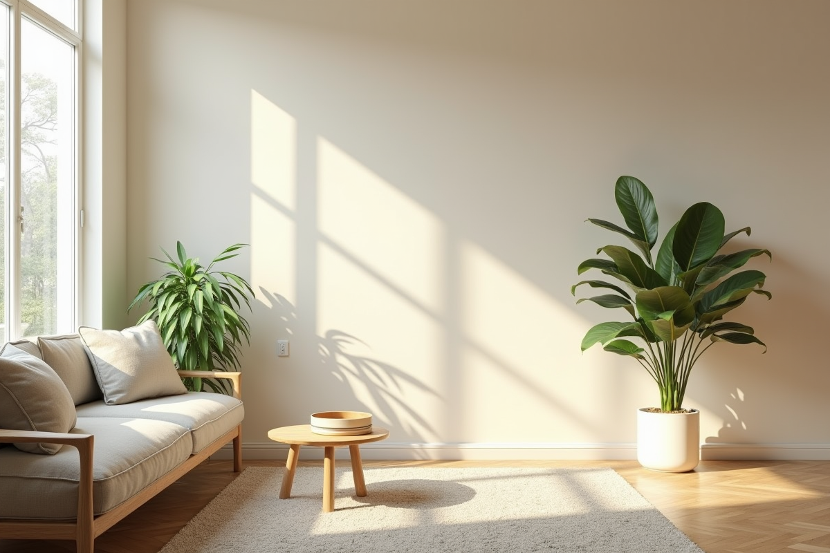 Salon moderne avec grandes fenêtres et mobilier scandinave