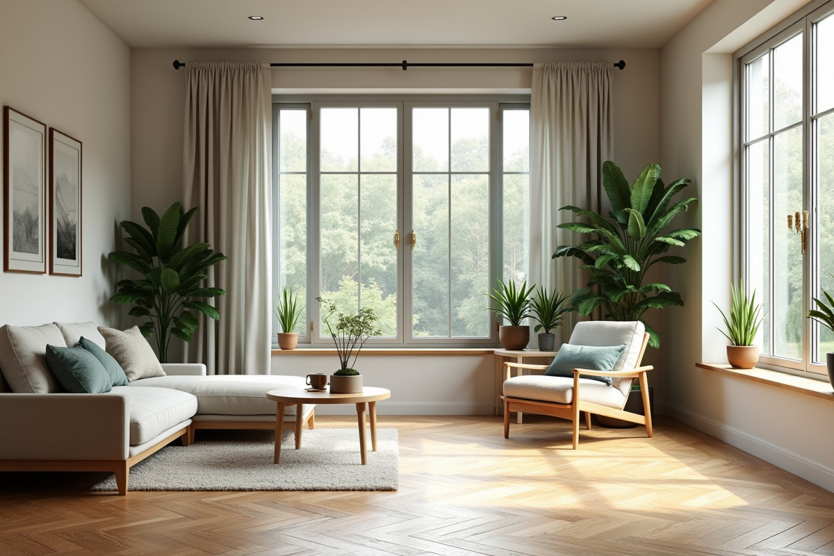 Salon moderne avec parquet en chene clair et plantes vertes