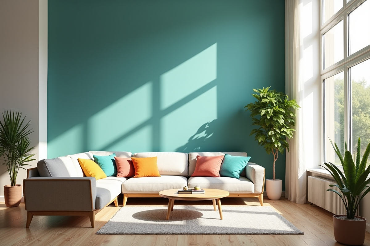 Salon moderne avec grande fenetre et mur teal