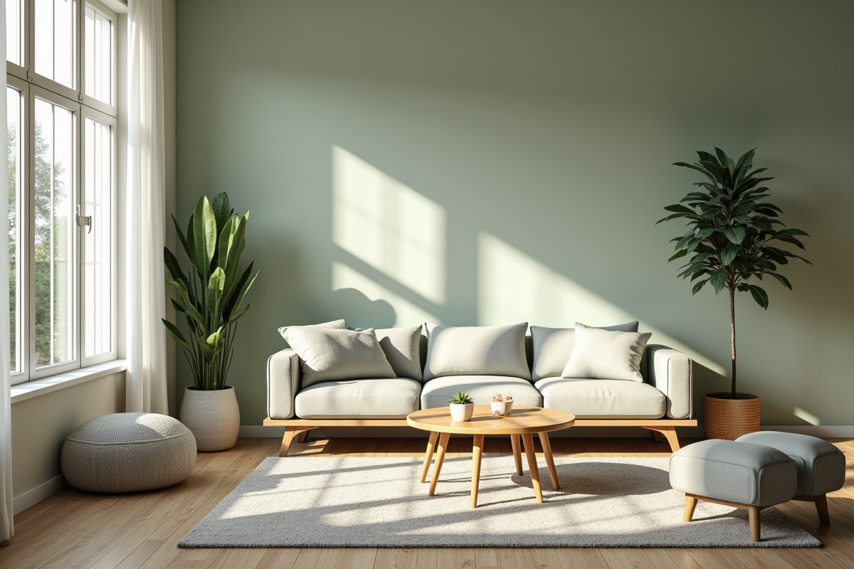 Salon moderne style scandinave avec murs verts apaisants