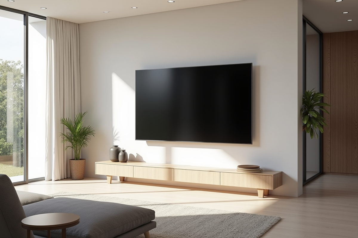 Salon moderne avec grande television murale lumineuse