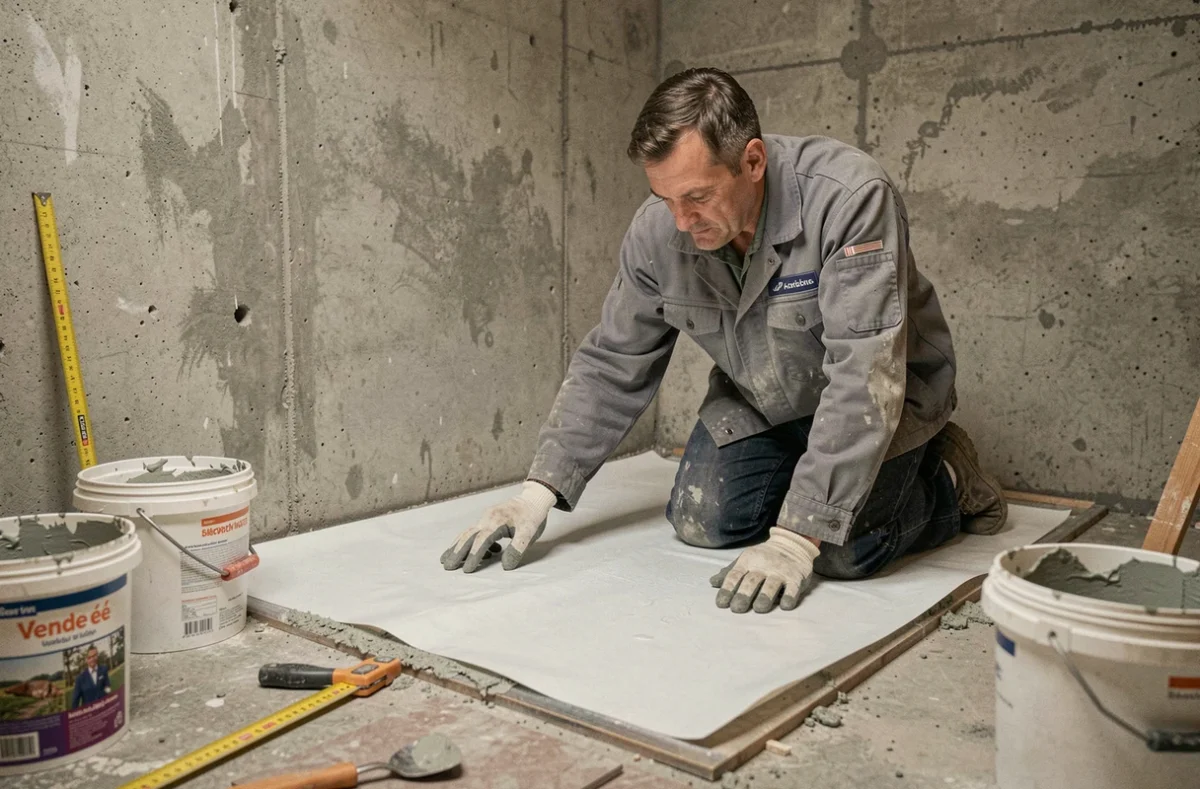 Artisan de Sarl Burneleau appliquant l'étanchéité d'un receveur de douche dans une salle de bain en construction en Vendée