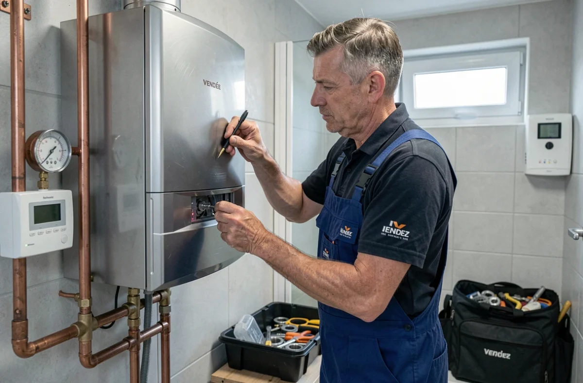 Technicien de Sarl Depannage Chauffage Maintenance inspectant une chaudière murale en Vendée