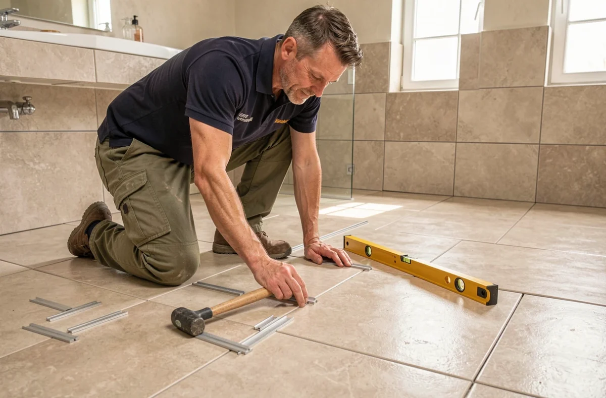 Artisan de Sarl Grellier Olivier posant des carrelages dans une salle de bain rénovée en Vendée