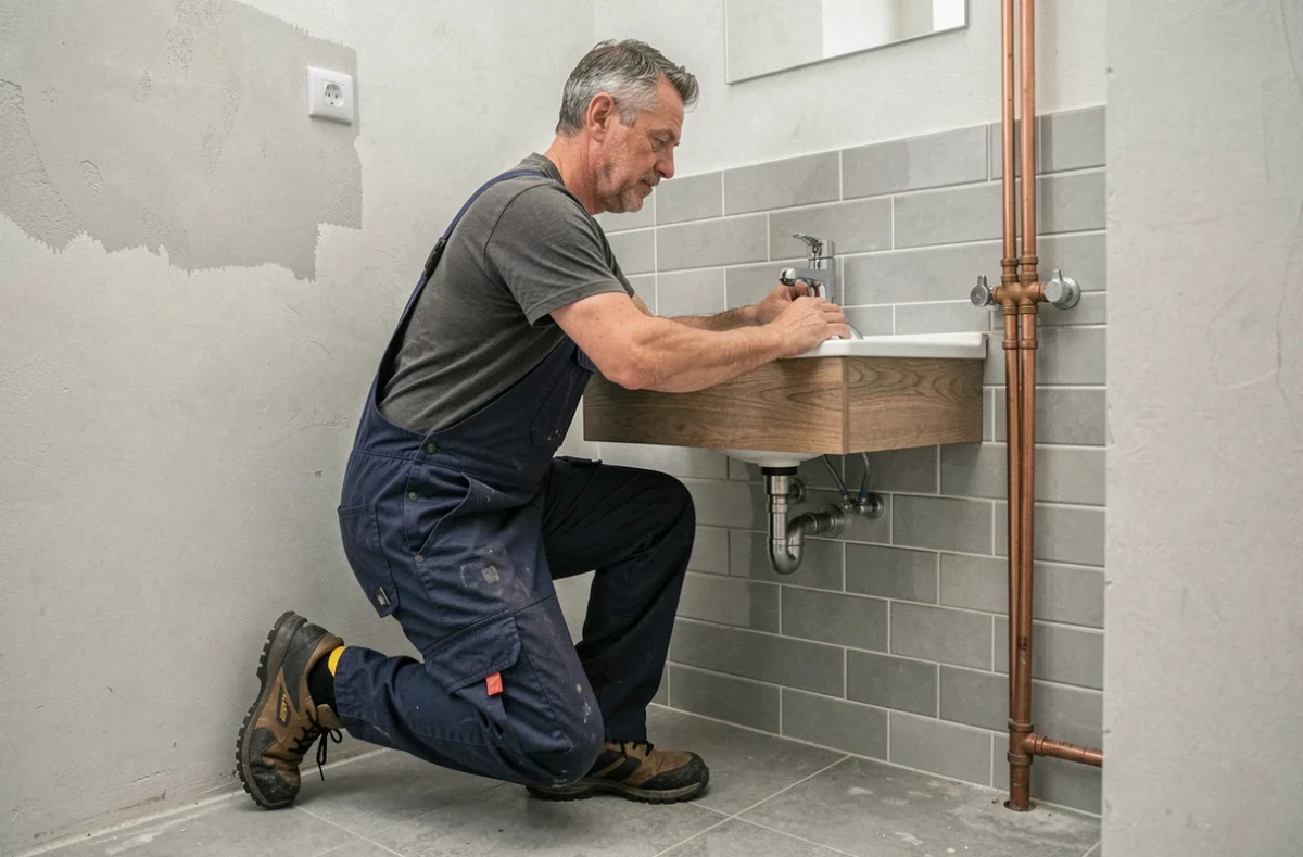 Plombier de Sarl Roirand installant un meuble vasque dans une salle de bain en cours de rénovation en Vendée