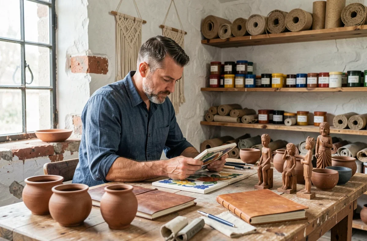 Homme examinant un carrelage peint à la main dans un atelier artisanal rempli d'objets de décoration faits main et de matériaux naturels locaux