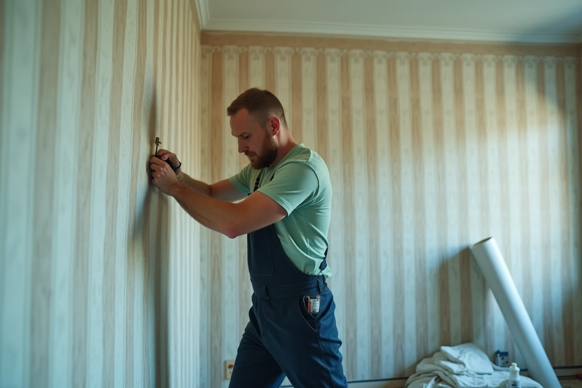 Homme utilisant un outil scarificateur pour perforer un vieux papier peint rayé avant la pose d'un intissé tendance