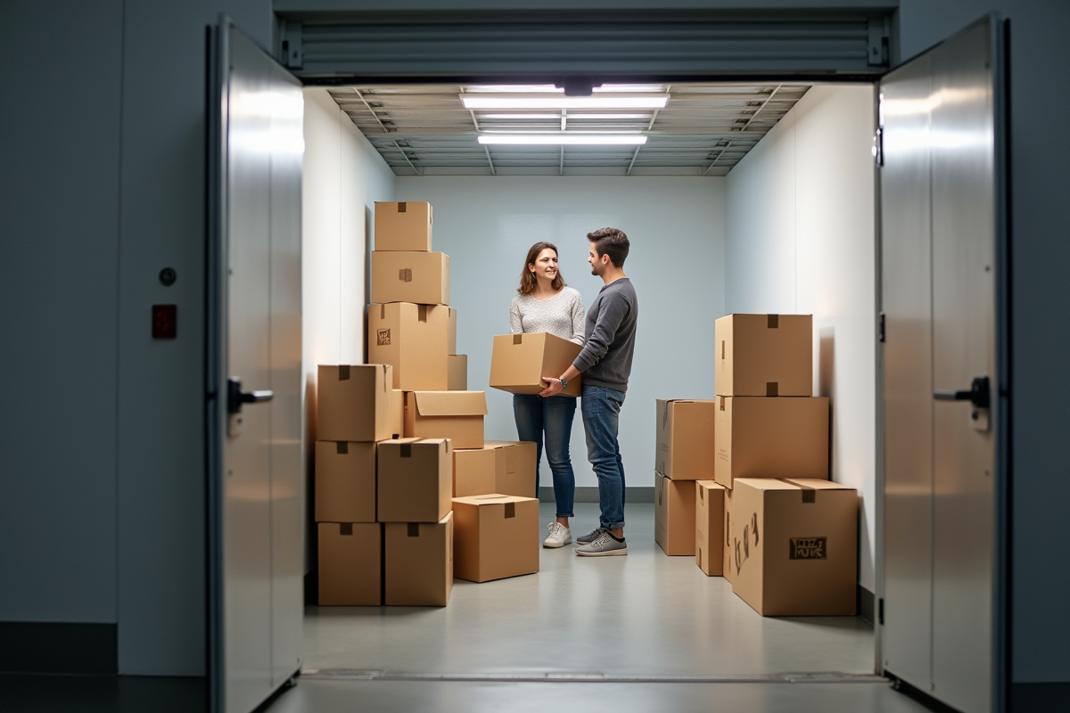Espace de self stockage moderne avec boîtes étiquetées et couple organisant