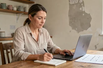 Femme utilisant un simulateur de budget travaux sur ordinateur portable dans une cuisine en cours de rénovation