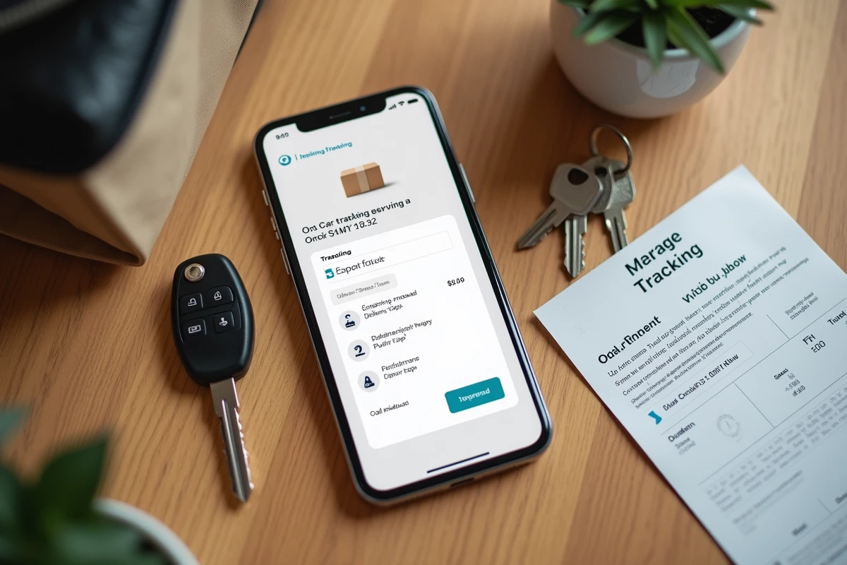 Vue de dessus d'un smartphone affichant un suivi de commande Alinéa avec reçu de retrait imprimé
