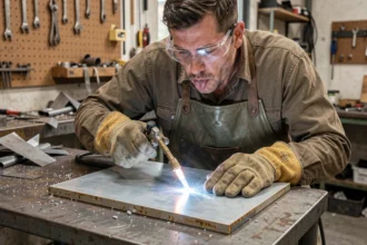 Soudeur professionnel utilisant un chalumeau pour souder une feuille de zinc sur un établi d'atelier