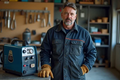 Soudeur amateur avec un poste à souder Parkside fil fourré dans un atelier garage équipé