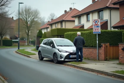Voiture gar&eacute;e sur le trottoir devant une maison en lotissement r&eacute;sidentiel, homme consultant un panneau de stationnement