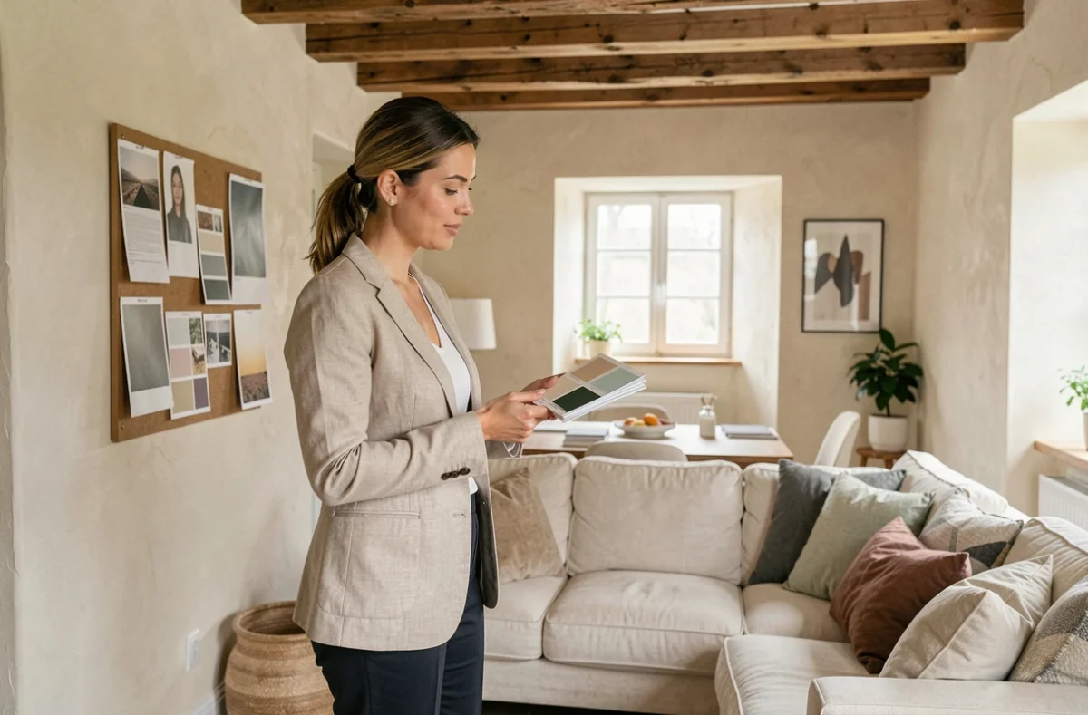 Décoratrice de Styl'Rénov consultant un tableau d'inspiration dans une maison de campagne rénovée dans l'Ain