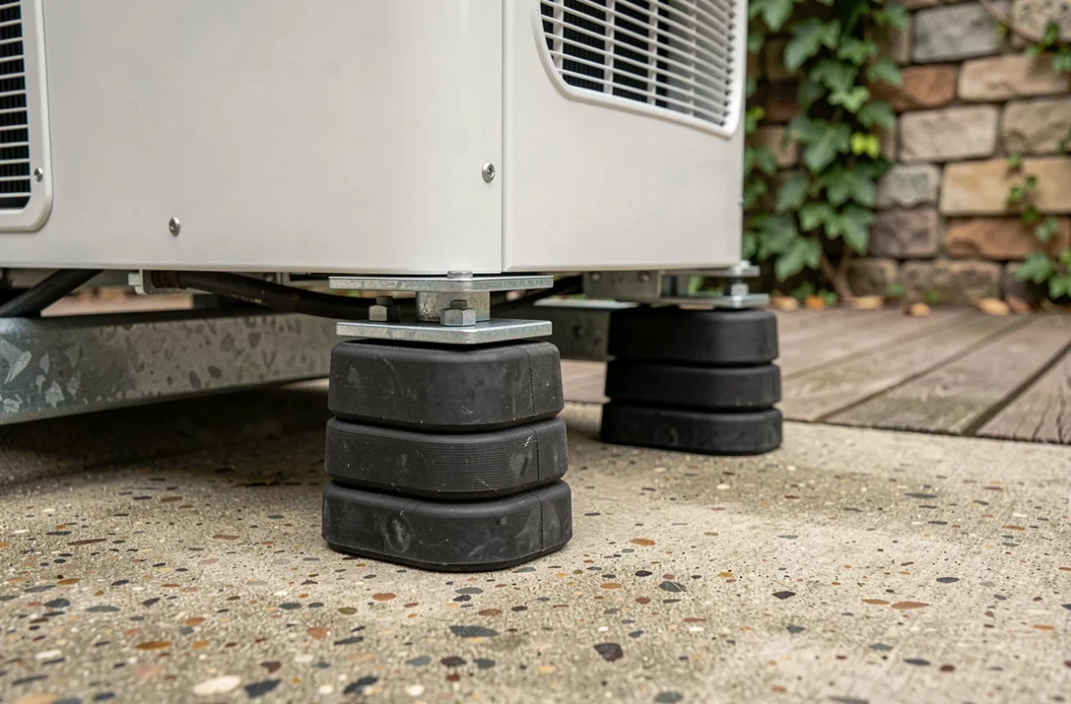 Supports anti-vibration sous une pompe à chaleur posée sur une dalle en béton