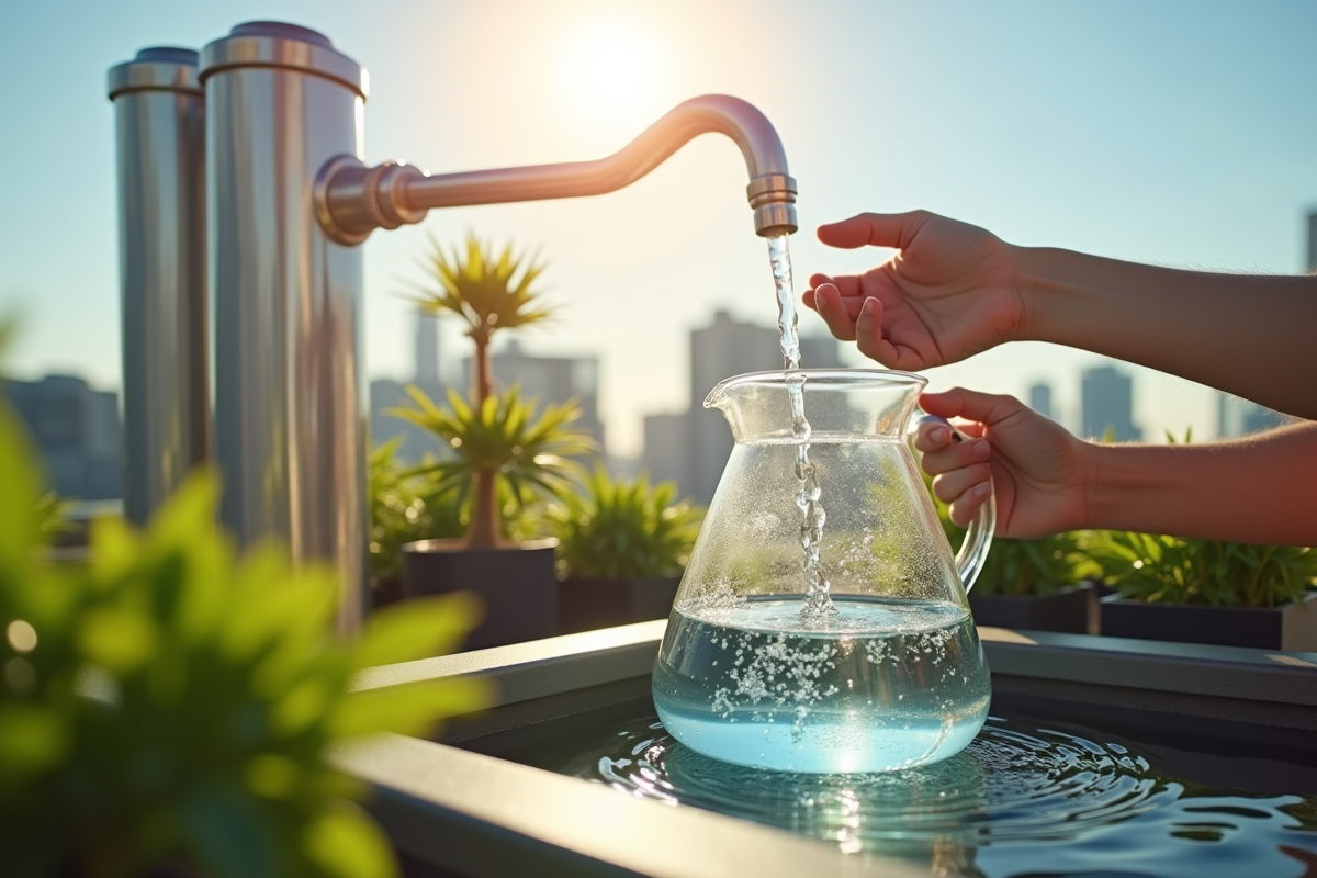 Personne utilisant un systeme de collecte d'eau de pluie sur un toit