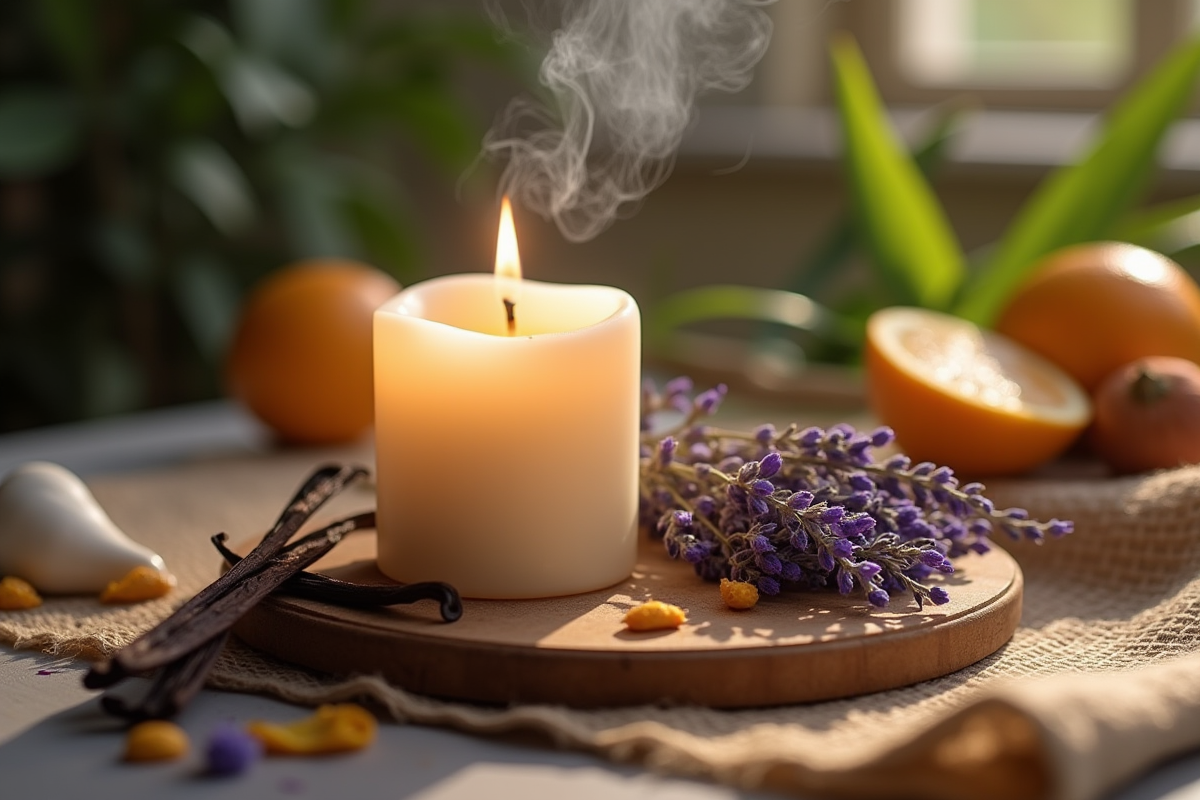 Table avec bougie parfumée et ingrédients naturels