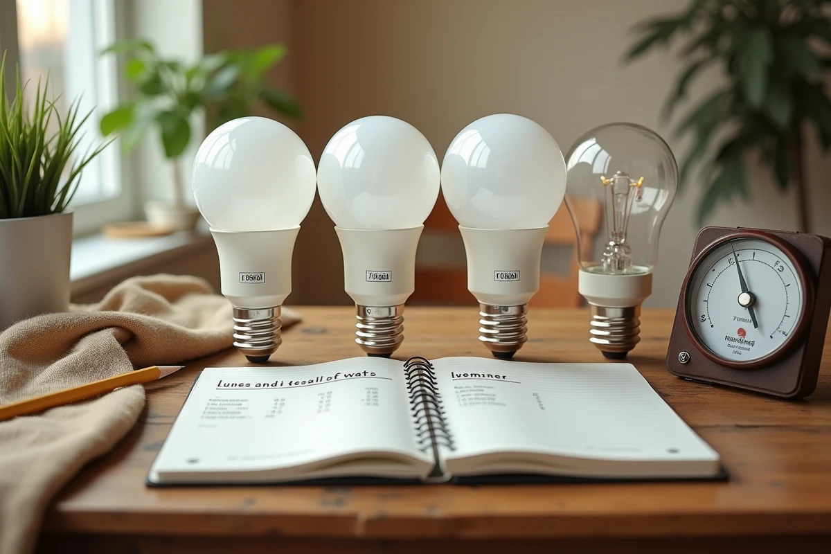 Vue de dessus d'ampoules LED classées par puissance lumens watt sur un bureau en bois avec tableau de conversion