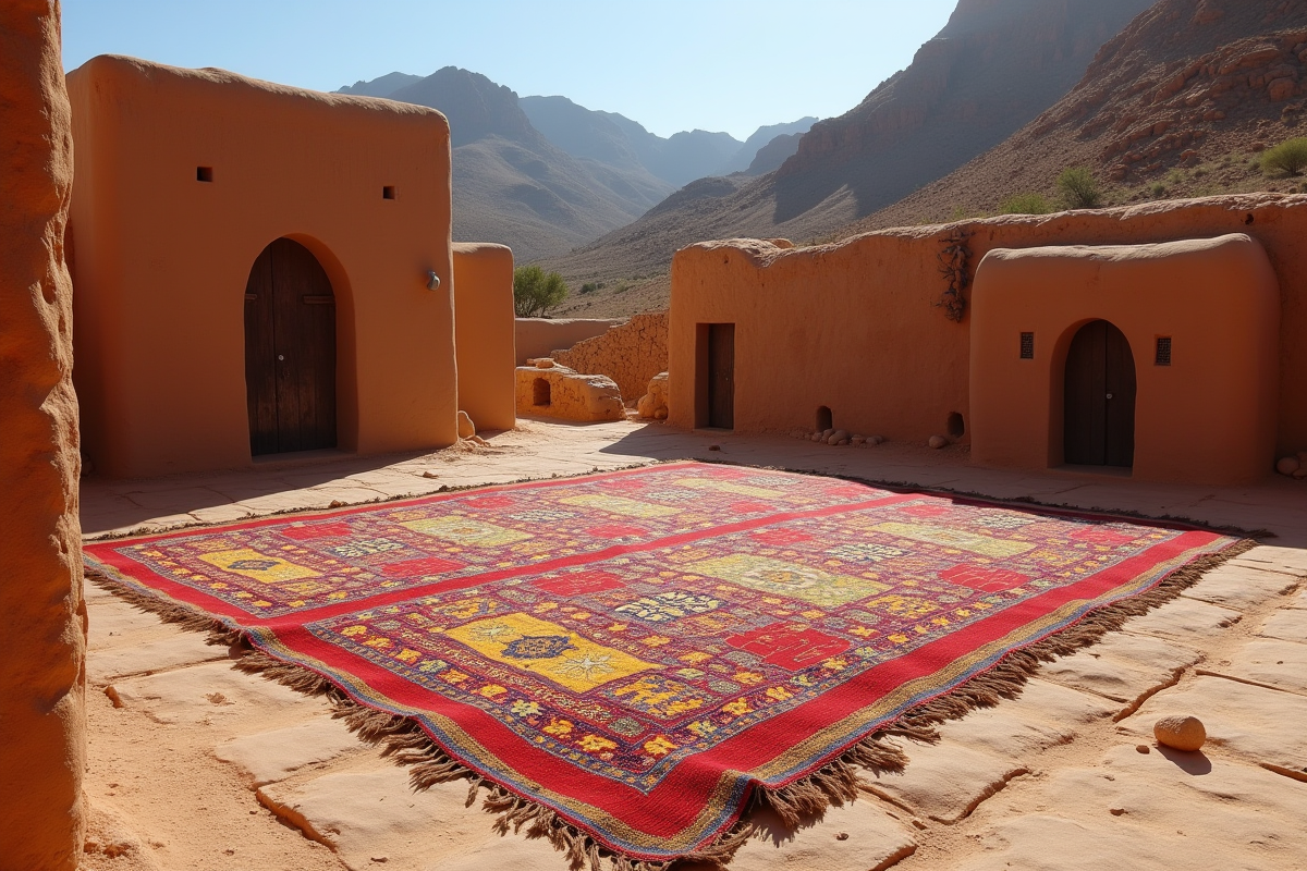 Tapis berbère coloré étendu dans un village marocain