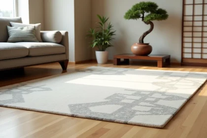 Salon minimaliste japonisant avec tapis géométrique en laine crème et charbon placé selon les principes du feng shui