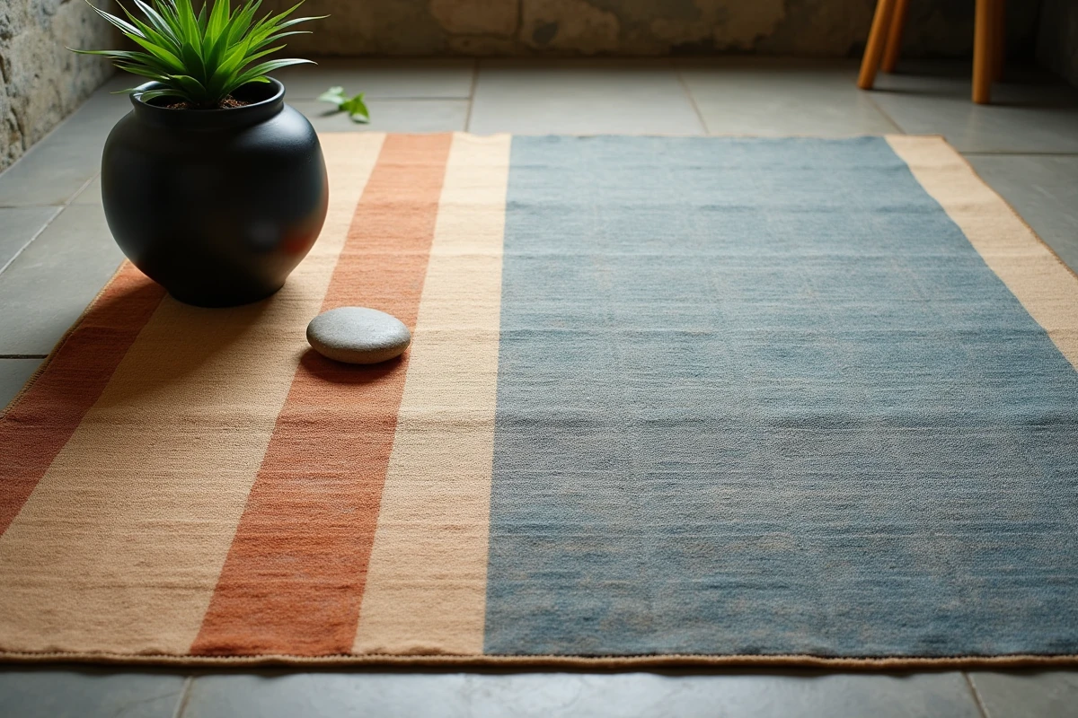 Gros plan sur un tapis d'inspiration japonaise aux tons indigo et terracotta dans un coin méditation feng shui avec plante jade