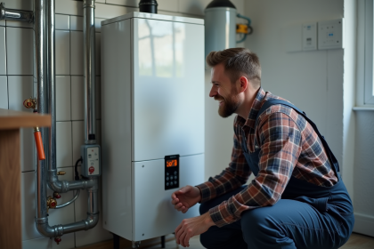 Homme en tenue de travail vérifiant une chaudière gaz moderne