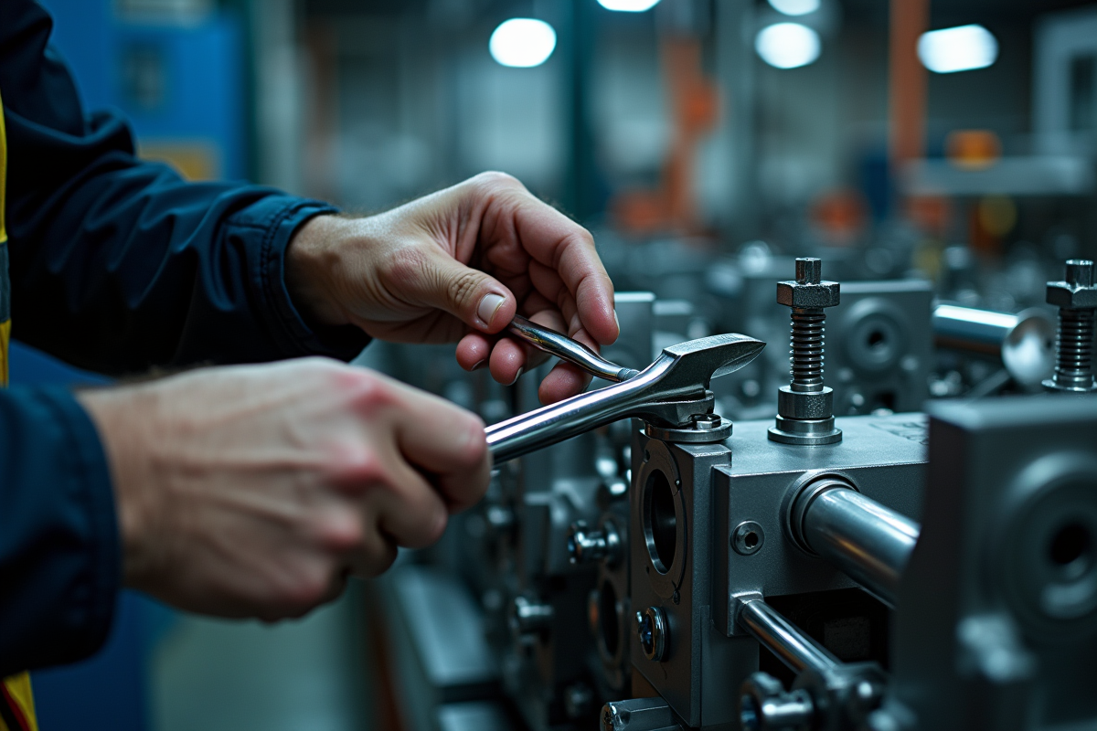 Technicien ajustant des composants métalliques avec outils précis