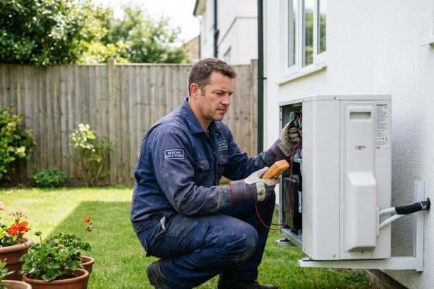 Technicien inspectant une pompe à chaleur air-eau installée sur la façade extérieure d'une maison individuelle
