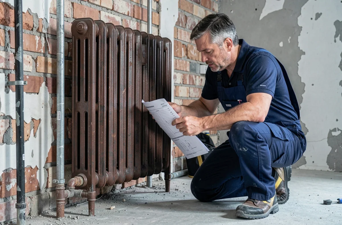 Technicien en plomberie positionnant un pied de radiateur en fonte lors d'une rénovation intérieure avec murs en briques apparentes