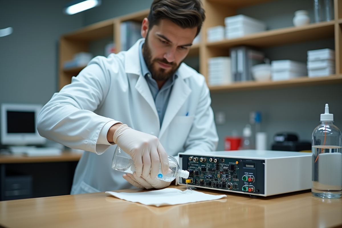 Technicien de laboratoire nettoyant un équipement électronique