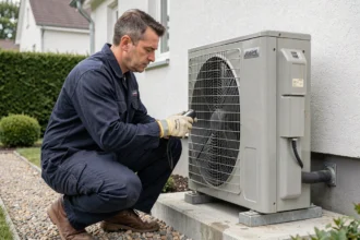 Technicien mesurant les paramètres d'une pompe à chaleur air-air installée en extérieur pour calculer sa puissance avant achat