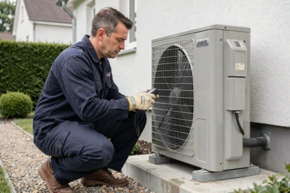 Technicien mesurant les paramètres d'une pompe à chaleur air-air installée en extérieur pour calculer sa puissance avant achat