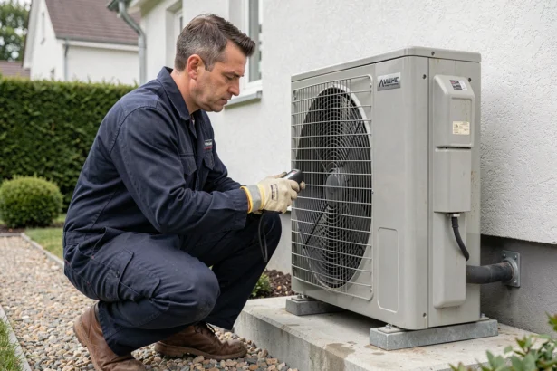 Technicien mesurant les paramètres d'une pompe à chaleur air-air installée en extérieur pour calculer sa puissance avant achat